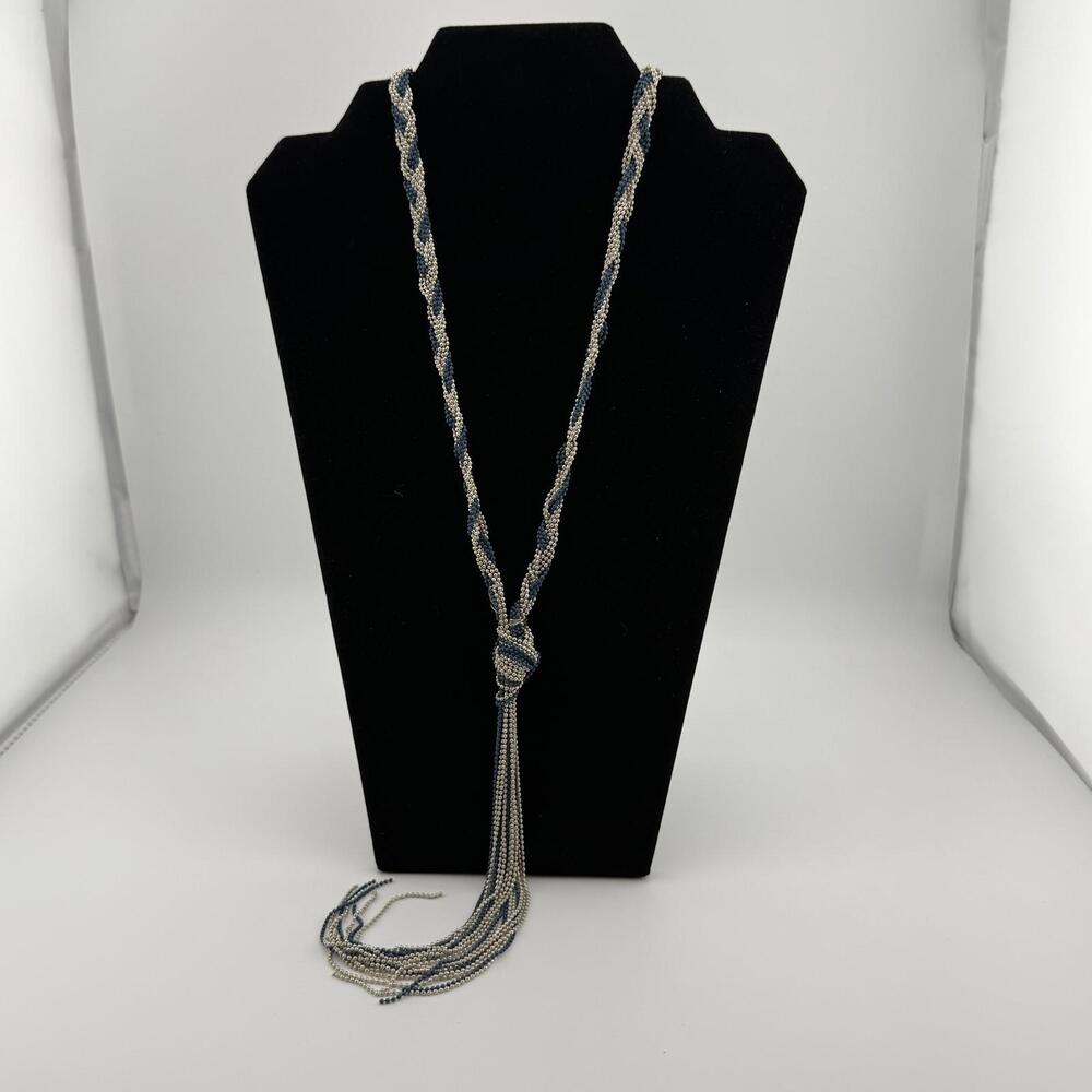 Blue Silver & Blue Tone Beaded Twitsted Metal Bead Lariat Tassel Necklace